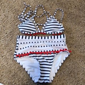 High Waisted White and Navy Stripe Bikini